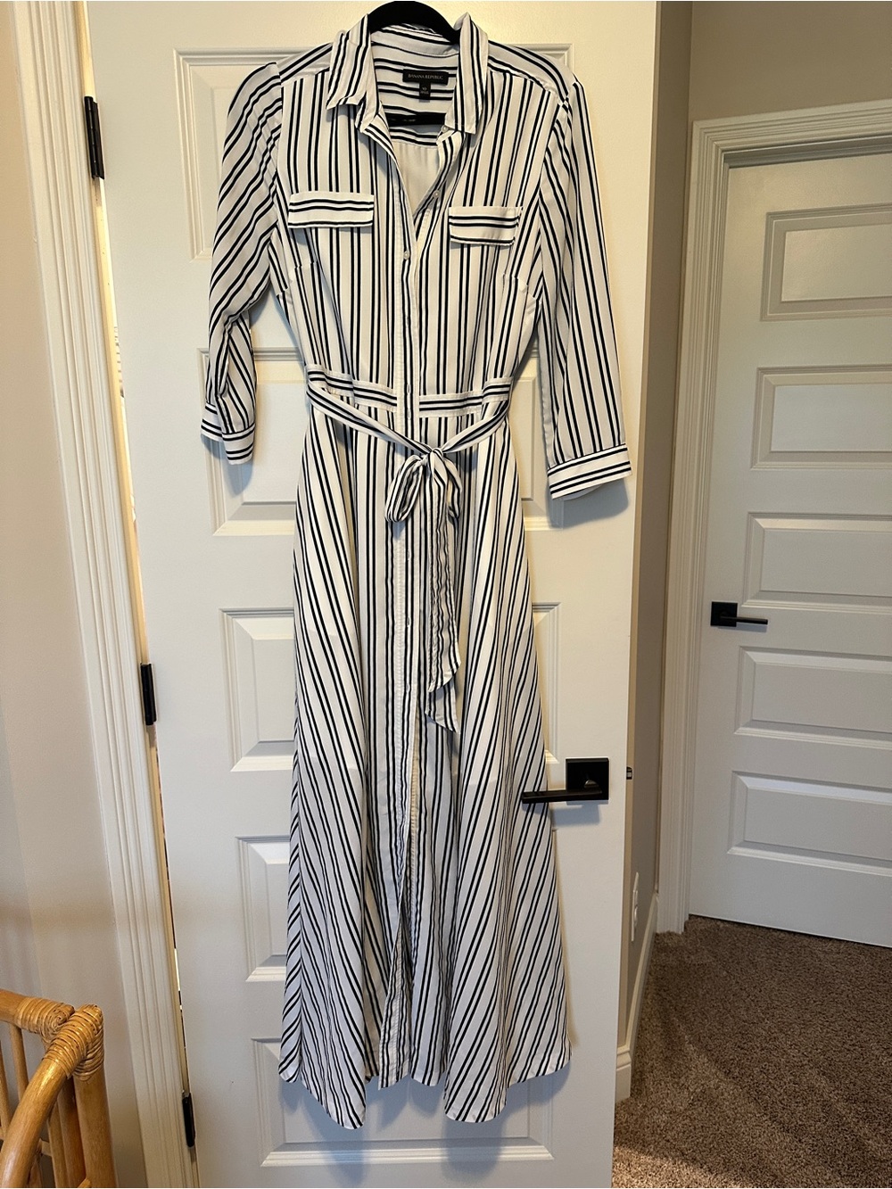 Banana Republic Black & White Striped Maxi Shirt Dress